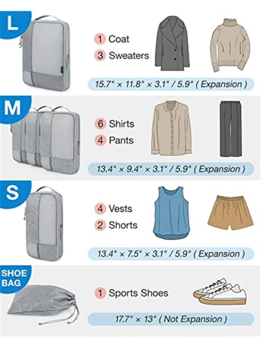 Compression Packing Cubes 6 Set Travel Organizer Carry On Suitcase Shoe Bag